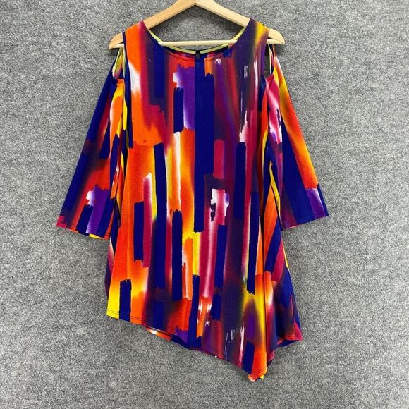 New IC Blouse Women L Large Blue Geometric Cold Shoulder 3/4 Sleeve Round Neck - Picture 1 of 10